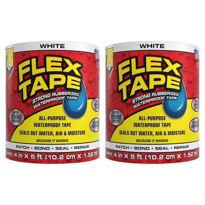 Flex Seal Flex Tape, Original Thick Flexible Rubberized Waterproof Tape - Seal and Patch Leaks, Works Underwater, Indoor Outdoor - Home RV Roof Plumbing and Pool Repairs, White, 4 in x 5 ft, Pack of 2 - Image 1